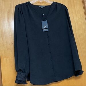 Adrianna Papell Poet Sleeve Blouse Black NWT Size Medium